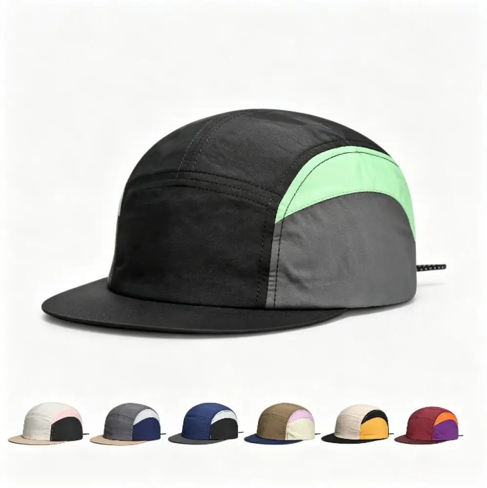 Korean 5 Panel Short Brim Baseball Cap, Nylon Mesh Color Block Plain Hat for Men Women Outdoor Cycling Casual Headwear