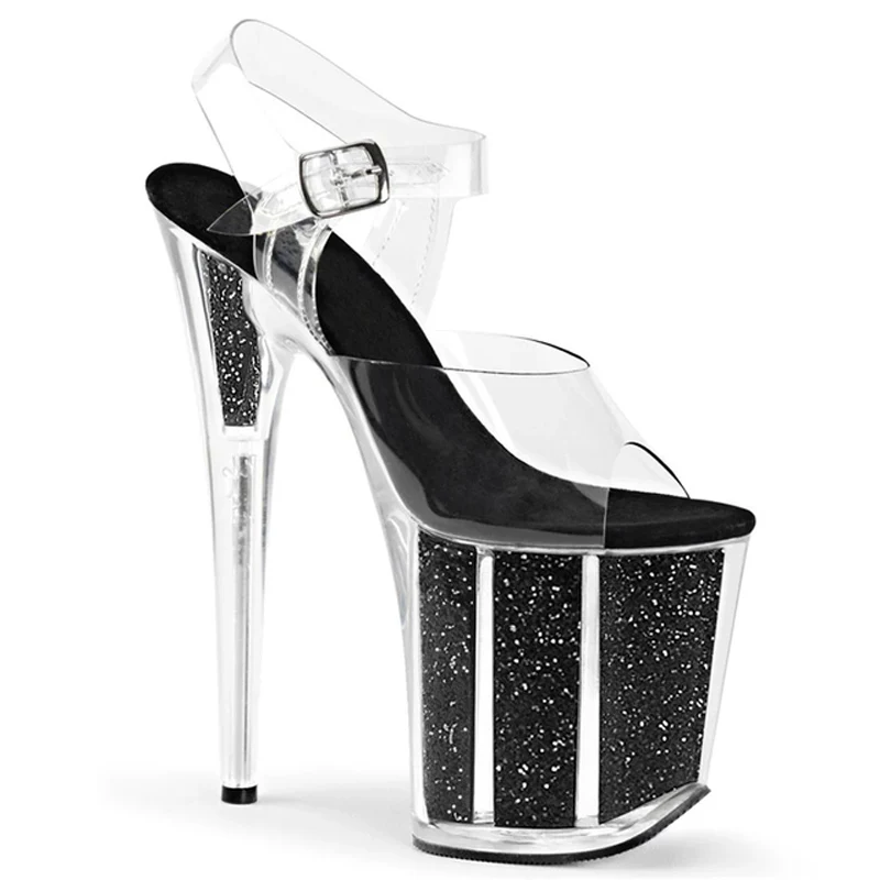 

New Summer Crystal PVC Women's Shoes Steel Pipe Dance Sandals 20CM Thin High Heels Stiletto Plus Size Sequins Platforms Pumps