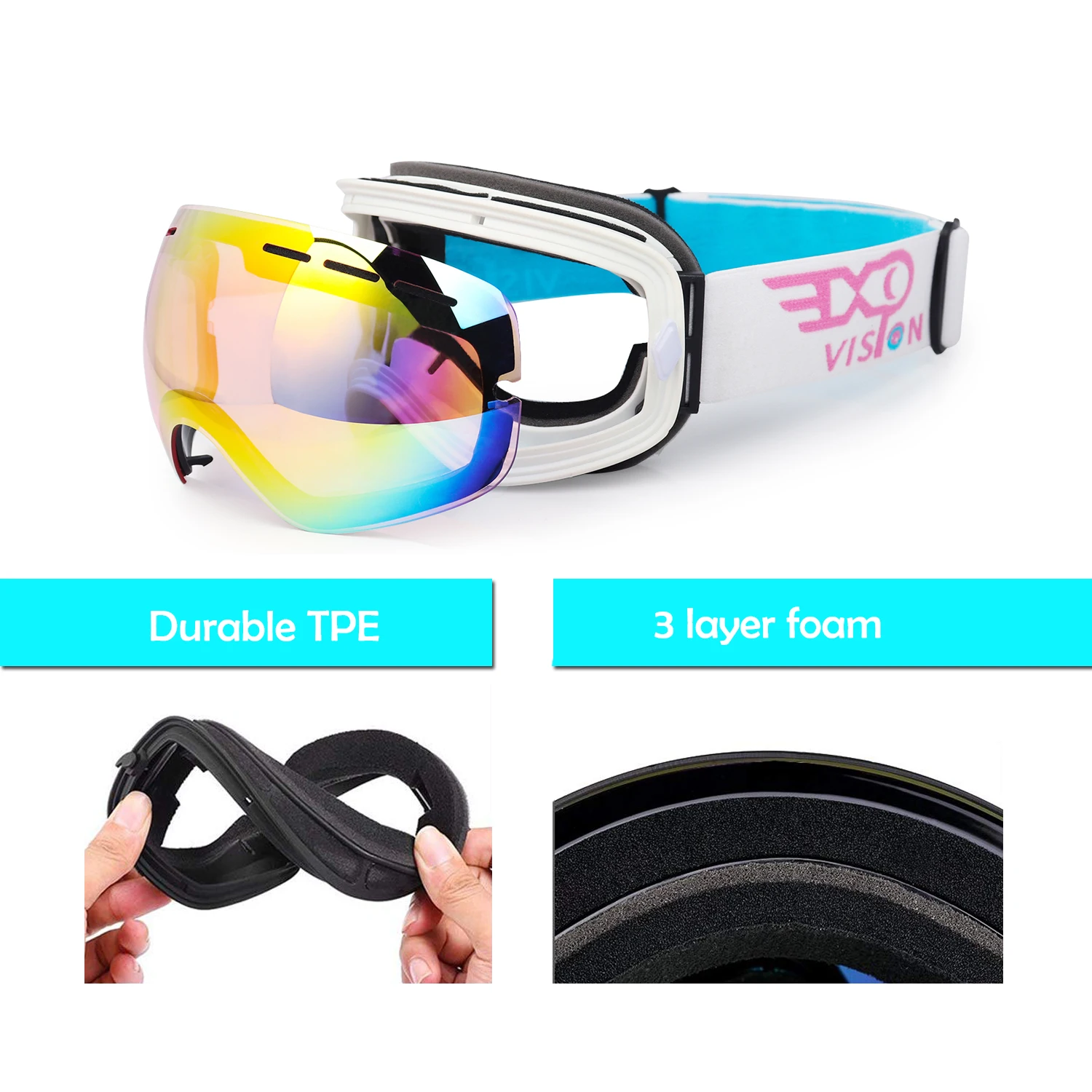 Ski Goggles for Men and Women, Double Layers Lens, Anti Fog OTG, Winter Sports Snow Goggles for Skiing and Snowboarding