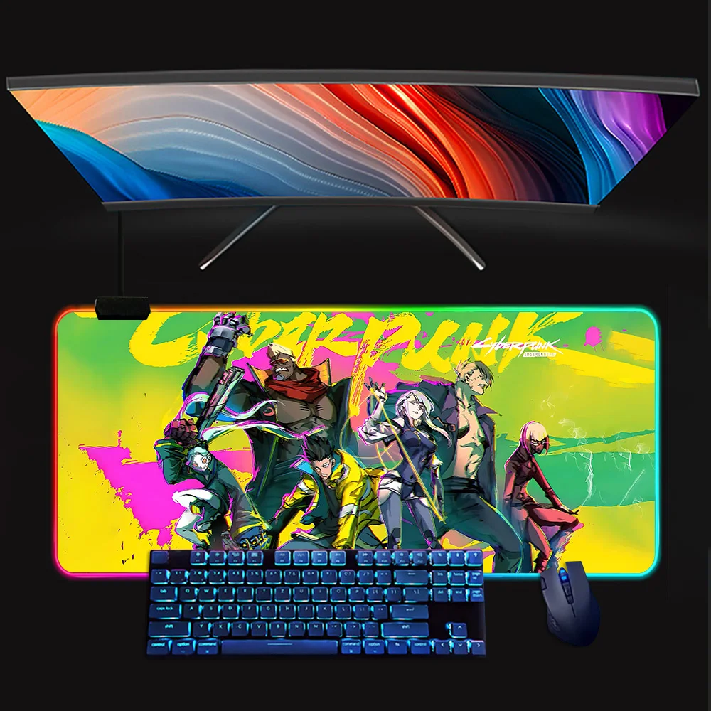 C-Cyberpunk Anime E-Edgerunners RGB Pc Gamer Tastiera Mouse Pad Mousepad LED Incandescente Tappetini per mouse Gomma Gaming Computer Mausepad