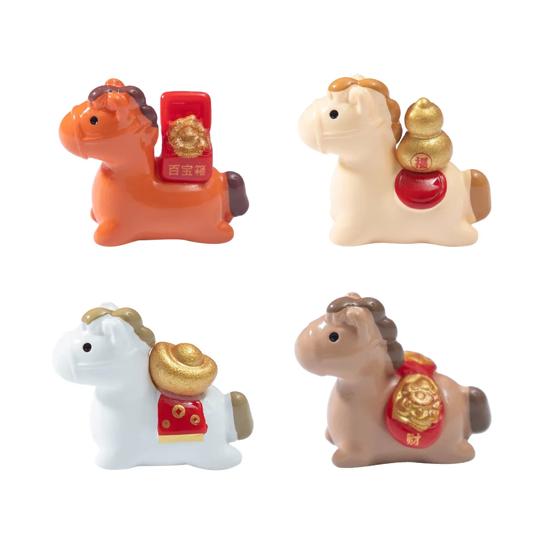 【YA】1/4Pcs 2026 Horse Year Miniature Ornaments Zodiac Cartoon Lucky Pony DIY Car Decoration Office Desktop Decor Ornaments