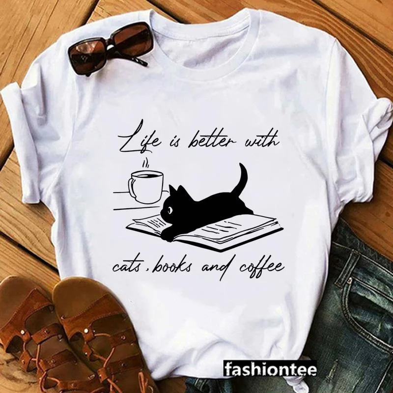 Funny Life Is Better With Coffee Cats And Books T-Shirt Men's and Women's Personalized Creative Funny Cat Graphic Printed T-Shir