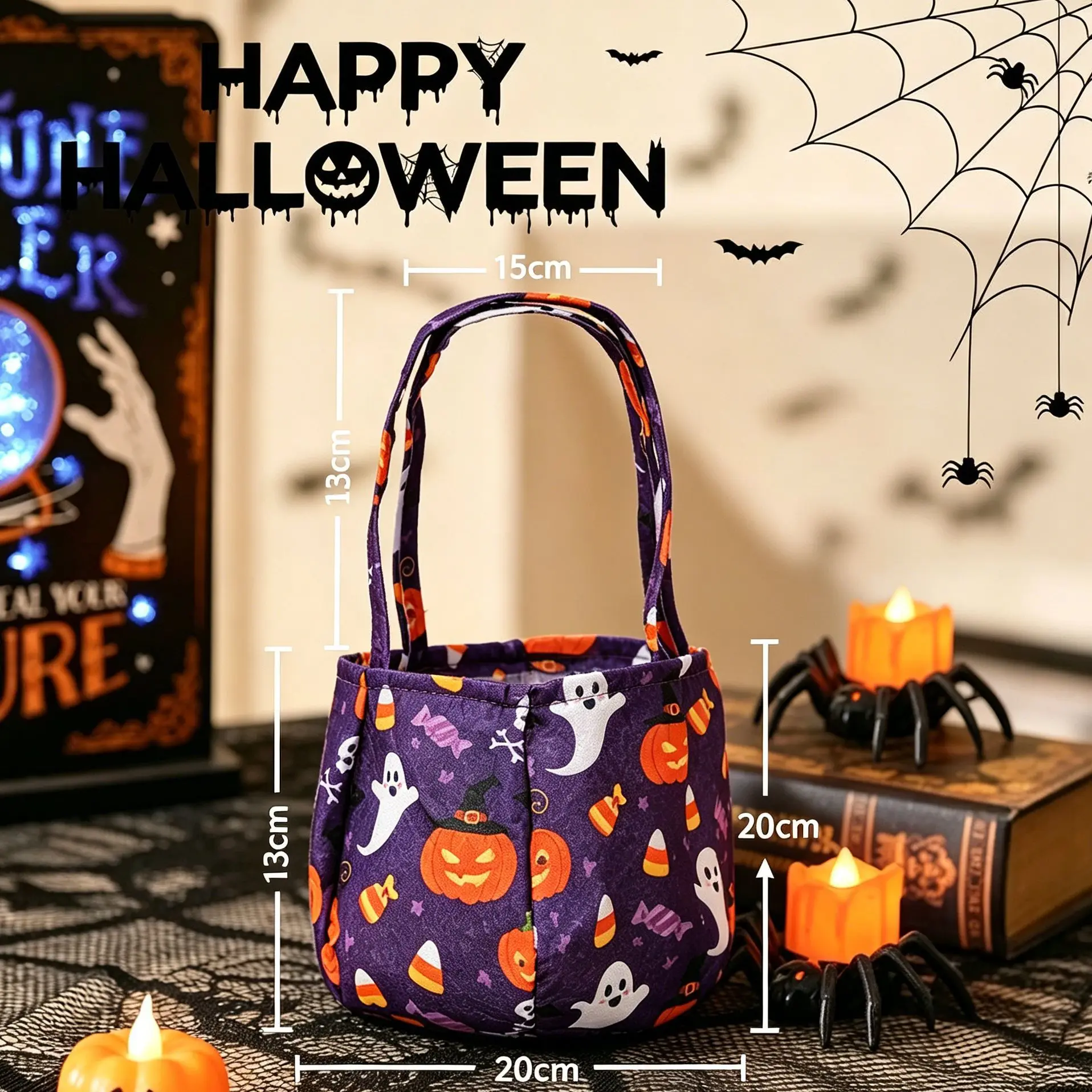 Halloween Fabric Candy Hand Bucket Pumpkin Ghost Bat Spider Print Kids Trick Or Treat Tote Bag Party Favor Storage Handbag
