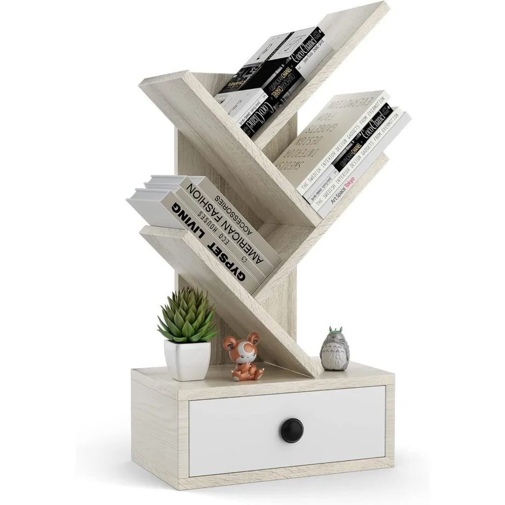 

5-Tier Tree Bookshelf with Drawer, Desktop Bookshelf for Desk, 5 Shelf Space Saving Corner Bookcase, Wood Display Rack for Book