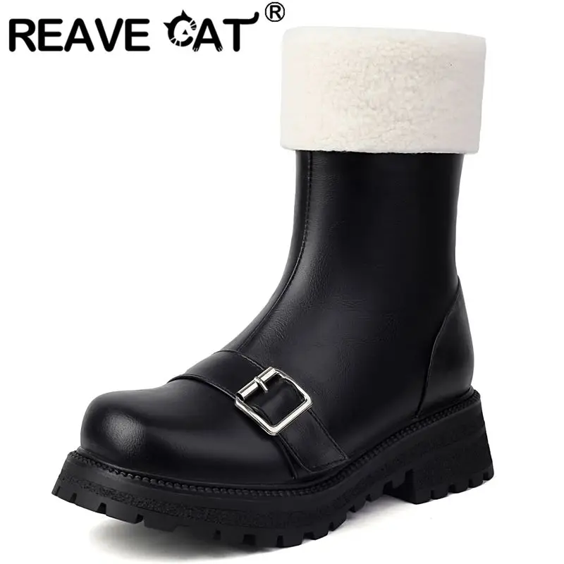 

REAVE CAT Women Snow Ankle Boots Plush Thick Heels 4.8cm Platform Zipper Belt Buckle Big Size 29 42 43 Casual Warm Winter Bota