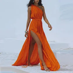 Summer Solid Color Diagonal Collar Long Dress New Fashion High Waist Bandage Party Dress Elegant Holiday Beach High Split Dress