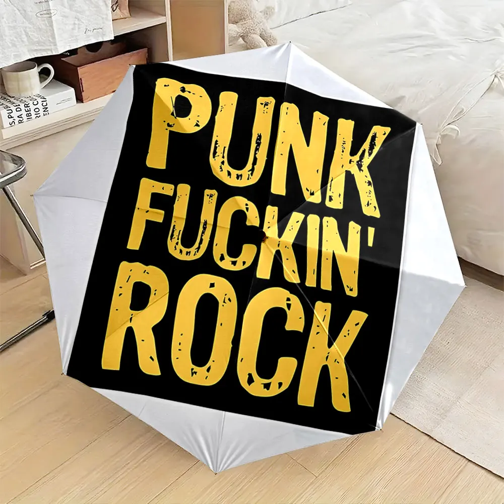 Bold Yellow Text Punk Rock Design Black Background portable waterproof sun rain umbrella for outdoor travel beach