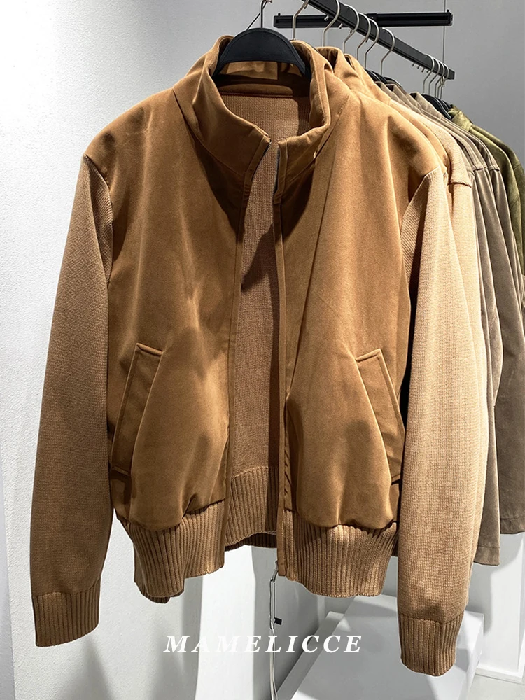 MAMELICCE Original design stand collar Faux leather Knitted sleeves Splicing Short slim jacket Waist cinching style coat jackets