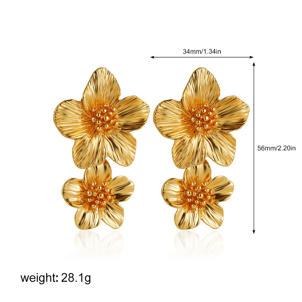 Vintage Stainless Steel Double Flower Drop Earrings for Women Metal Waterproof Statement Gold Color Stylish Tarnish Free Jewelry