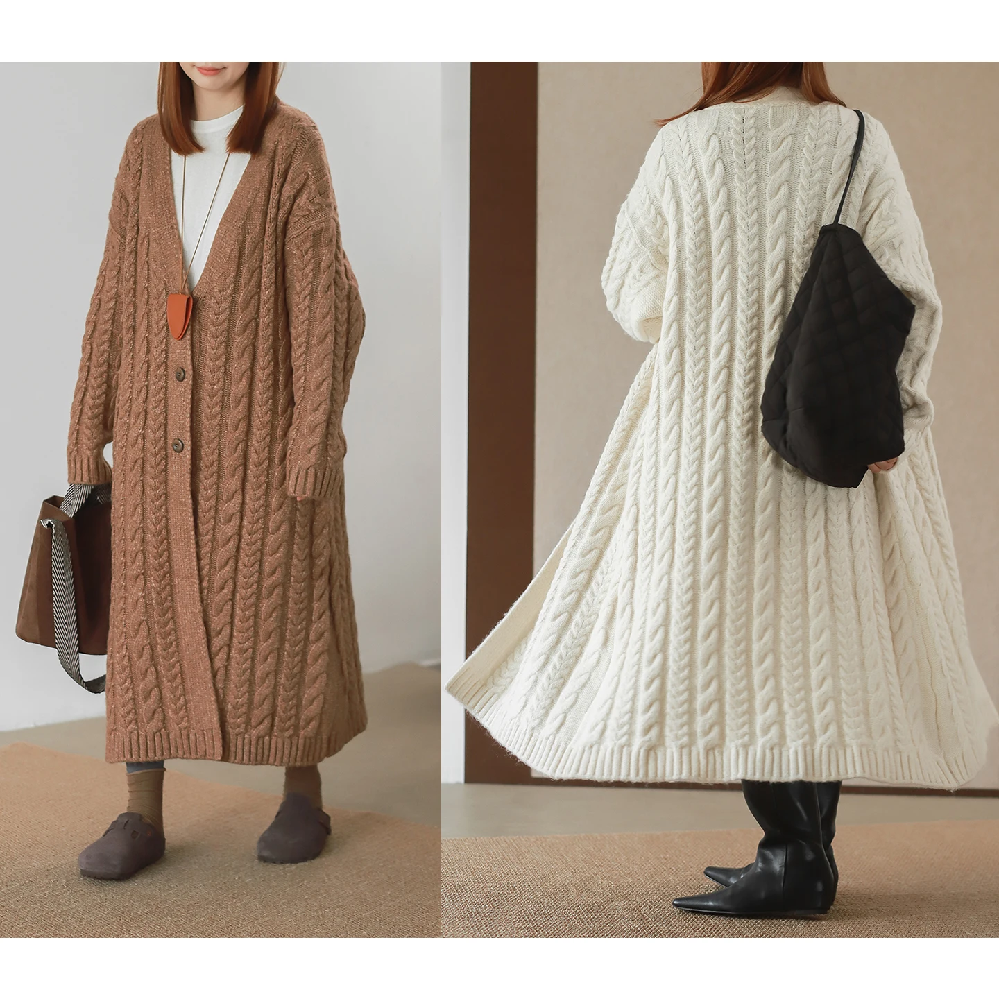 

Утепленное длинное пальто-свитер с узором косы, длинный вязаный халат, комплект из двух предметов, сверхдлинный свитер-жакет с 3D-косами для женщин, зимний, теплый, с V-образным вырезом