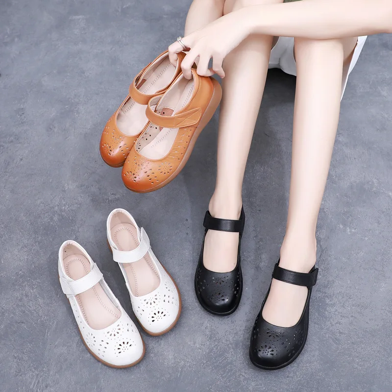 GKTINOO Genuine Leather Ladies Flats Summer Shoes Woman Plus Size Casual Loafers Hollow Round Toe Soft Comfort Sandals Female