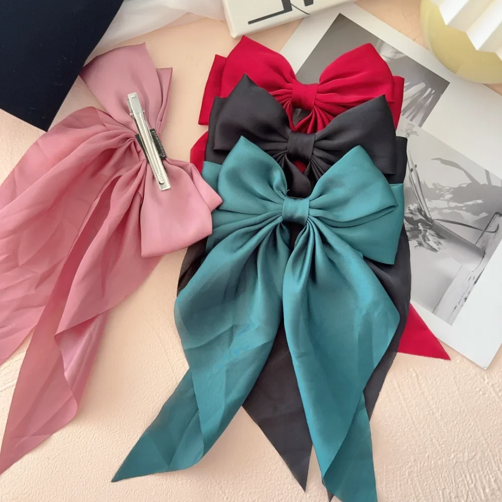 مشبك شعر طويل من الساتان بفيونكة كبيرة للفتيات، إكسسوارات أنيقة للرأس الخلفي، 6 أنماط للأزياء اليومية، عصري باللون الأحمر على الإنترنت