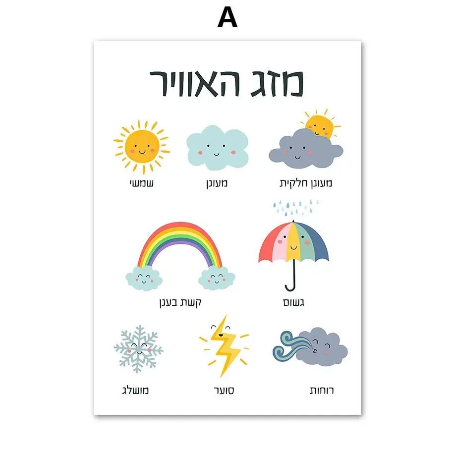 Hebrew Alphabet  Number Nursery Wall Art Canvas Nordic Style Educational Posters Weather Theme Kids Room Decor Prints