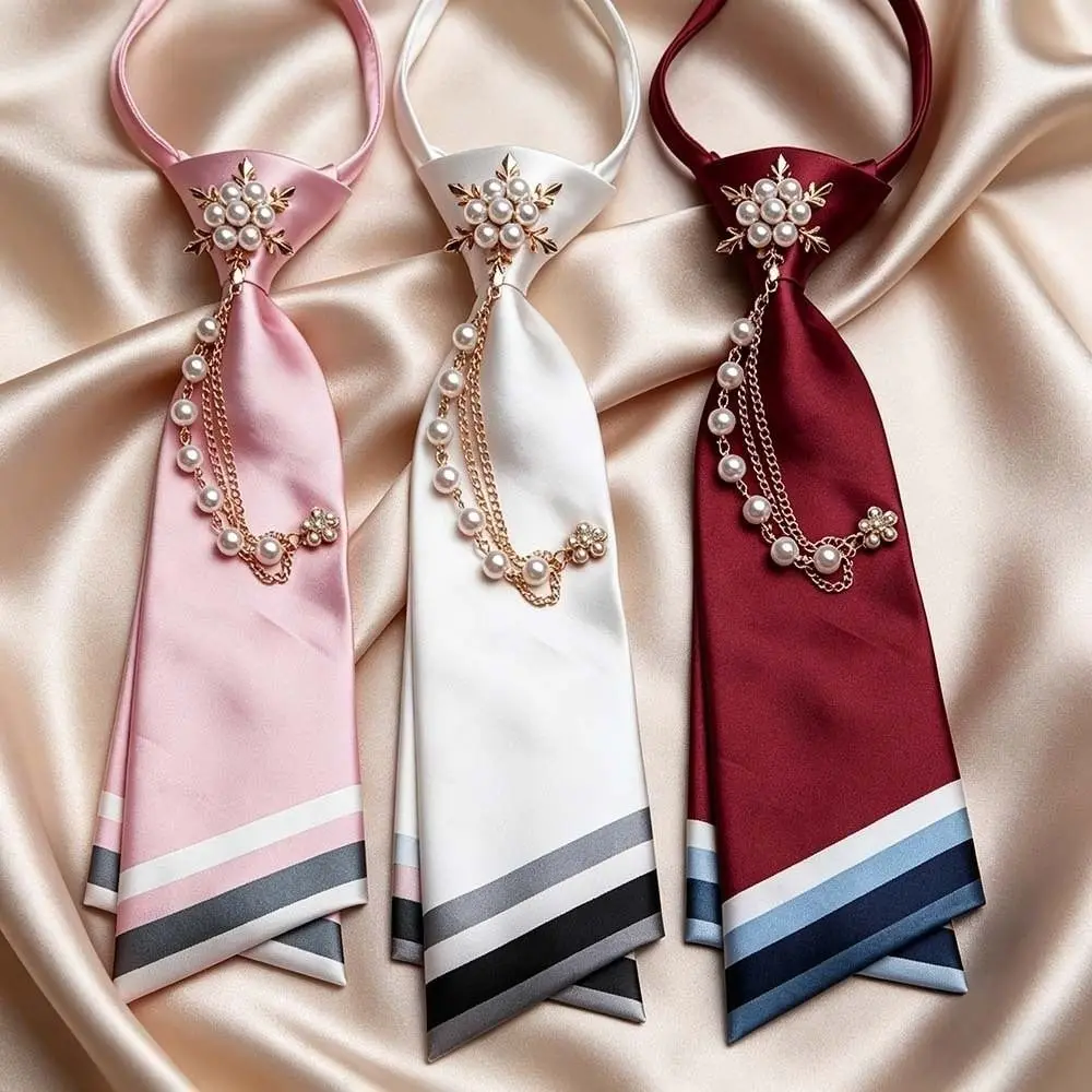 No-Sew Design Beaded Floral Necktie Pearl Chain Decoration Satin Material Double Layer Necktie Double Layer Satin Neck Accessory