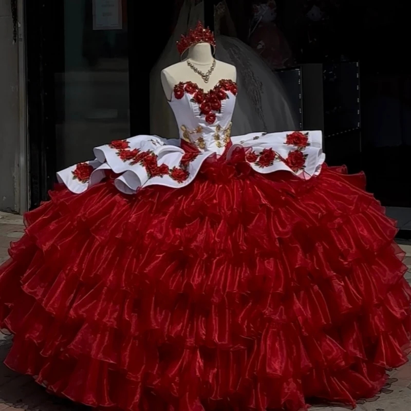 

Red Shiny Quinceanera Dresses Off The Shoulder Applique Lace Beads Tiered Tull Party Birthday Sweet 16 Dress Vestidos De 15 Anos