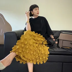 Falda recta plisada con personalidad, nuevo diseño, forma tridimensional, amarillo, Durian, 2023