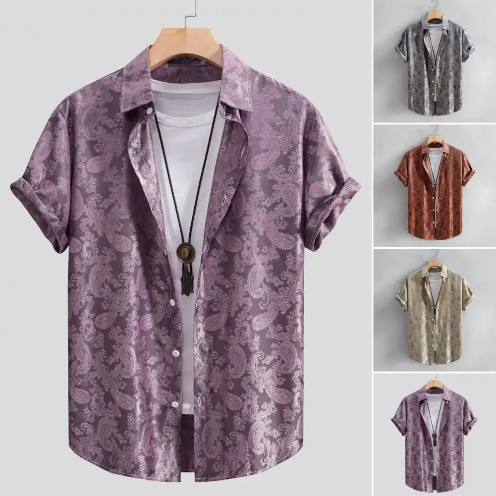 Men Loose Top Stylish Men's Printed Shirt with Turn-down Collar Short Sleeves Button-down Design Loose Fit Mid Length for Daily