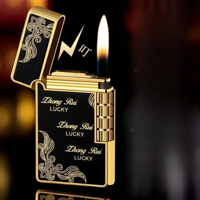 Fashionable Steel Tone Grinding Wheel Open Flame Gass Lighter Side Sliding Oblique Fire Metal Material Retro Cigarette Lighter