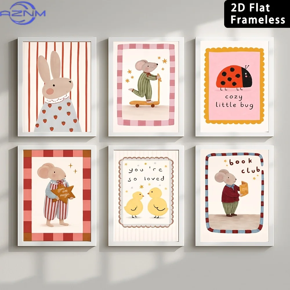 6pcs Frameless Cute Cartoon Animal Canvas Posters - Room Art And Nursery Wall Decoration (Including Mouse, Rabbit, Chick, Insect view 4