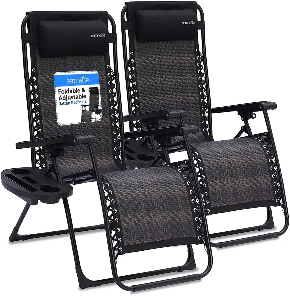 

Outdoor Rattan Zero Gravity Lawn Chairs, Set of 2 Adjustable Folding Recliners with Cup Holders, Side Table, and Pillow,