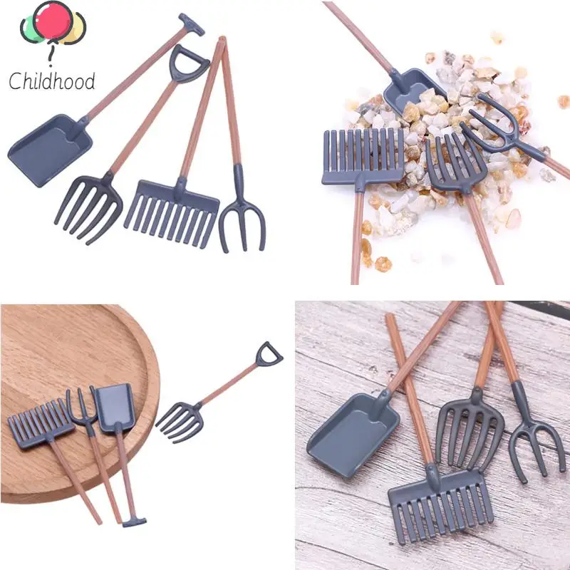 Dollhouse Miniature Gardening Tools, Pá e Rake Model, Acessórios de decoração, Brinquedos infantis, 1:12, 4 peças por conjunto