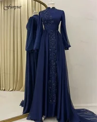 Customized Robes De Soirée Navy Blue Muslim Evening Gowns High Neck Islamic Chiffon Beads Lace Arabic Long Sleeve Formal Dress