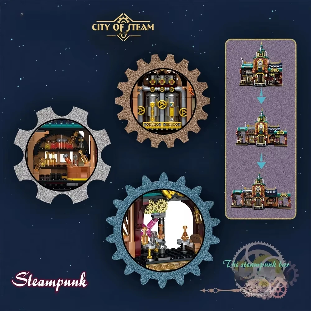 1557pcs Creative Street View Steam Punk Architectures Building Bricks Steampunk Bar Mini Block Model Toys Collection For Gifts