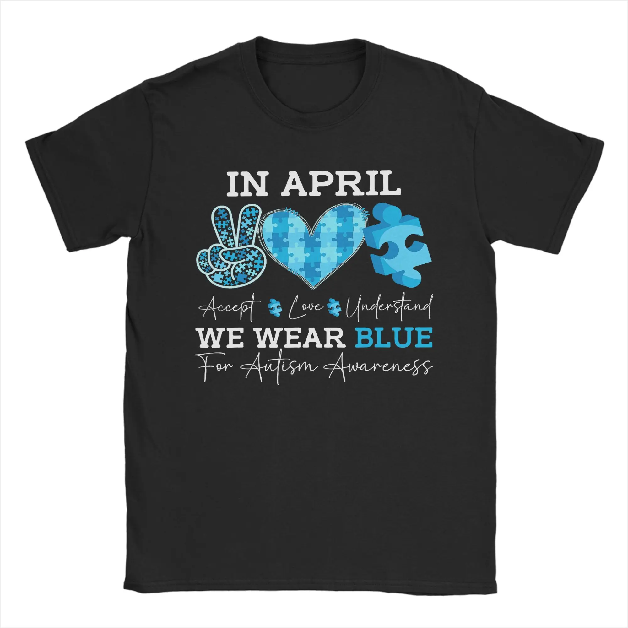 Men April We Wear Blue Autism Awareness T Shirt  100% Cotton Tops Novelty Short Sleeve O Neck Tee Shirt Gift Idea T-Shirts