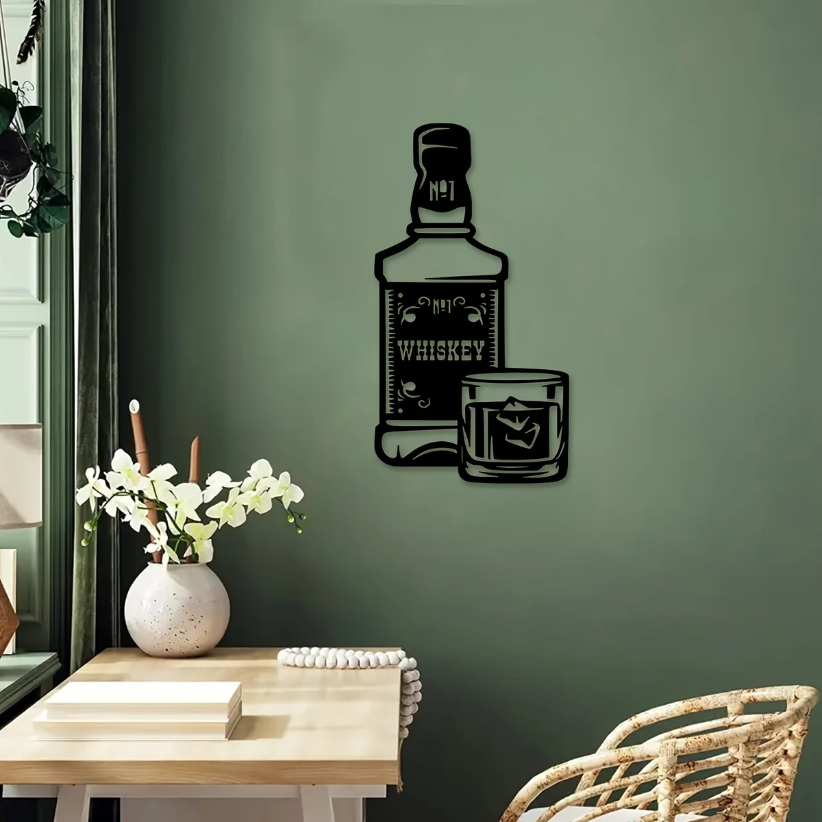 2D Metal 1pc Whiskey Bottle Wall Art | Iron Bar Decor with 