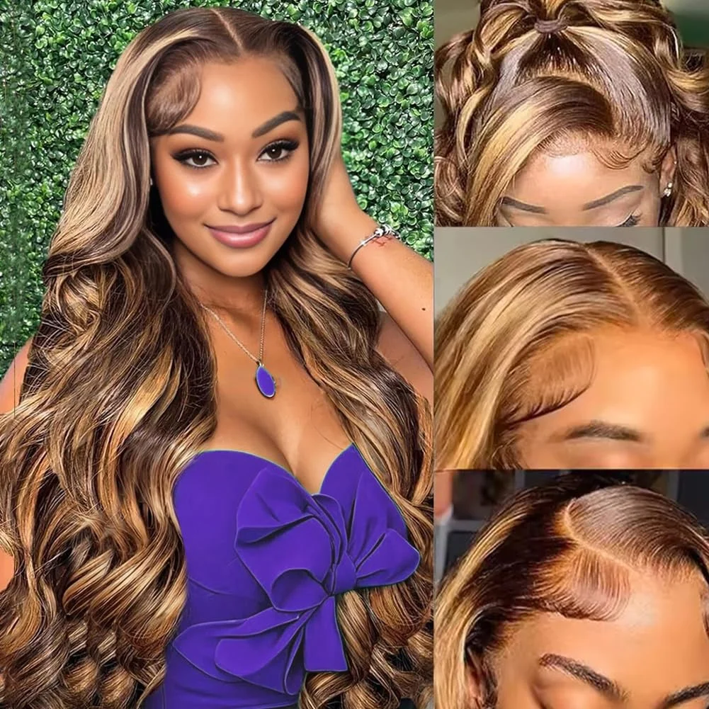 

Honey Blonde Body Wave Lace Front Wig Human Hair 4/27 Highlight Ombre Lace Frontal Wigs 13x6 Glueless HD Lace Wig for Women