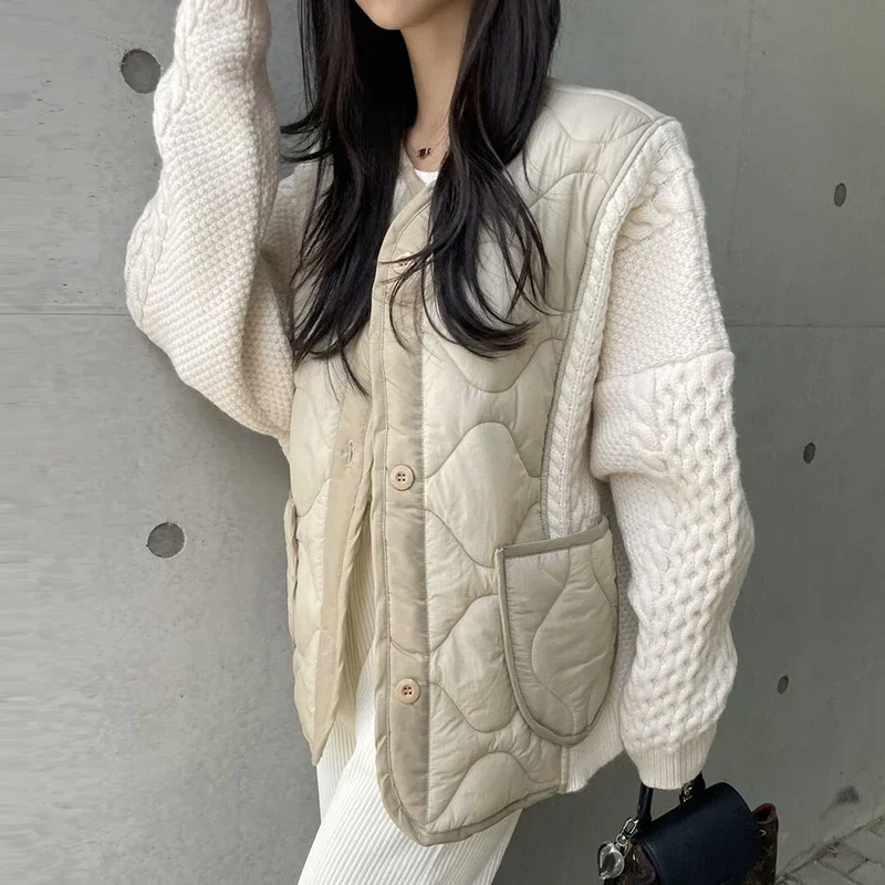 KUSAHIKI Korean Autumn Winter Niche Versatile V-neck Contrast Stitching Knit Single Breasted Long Sleeved Parka Jacket for Women