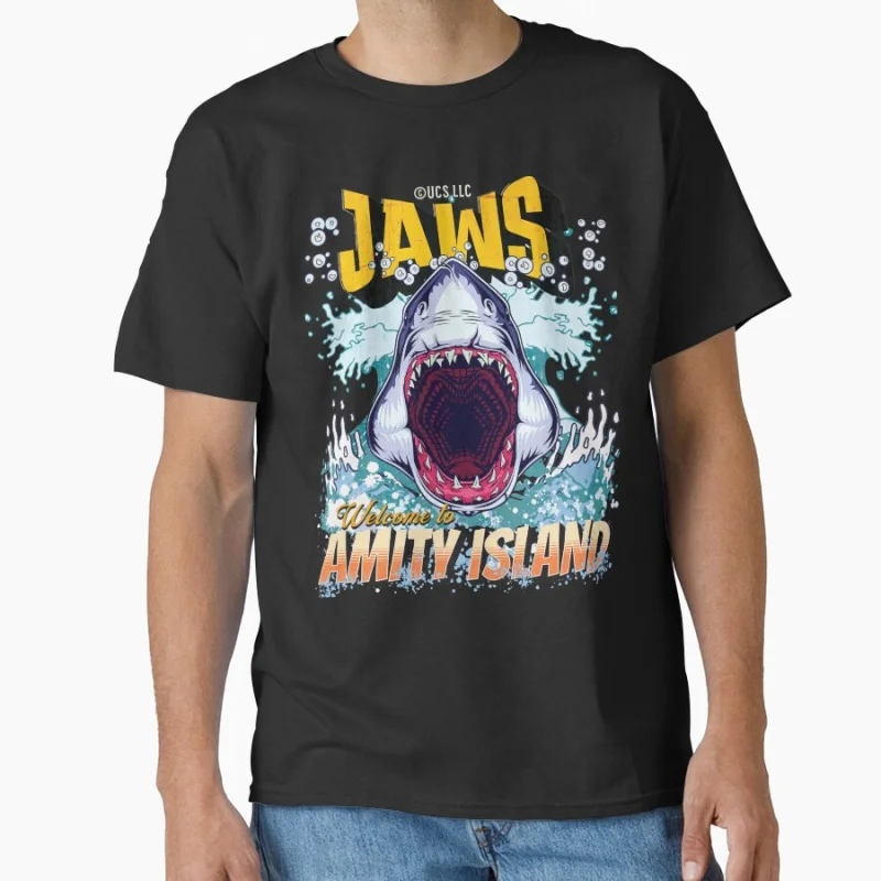 

Welcome to Amity Island Great White Shark Attack 80s Retro Horro Movie Jaws 50Th Anniversary gift t shirt Large size tops