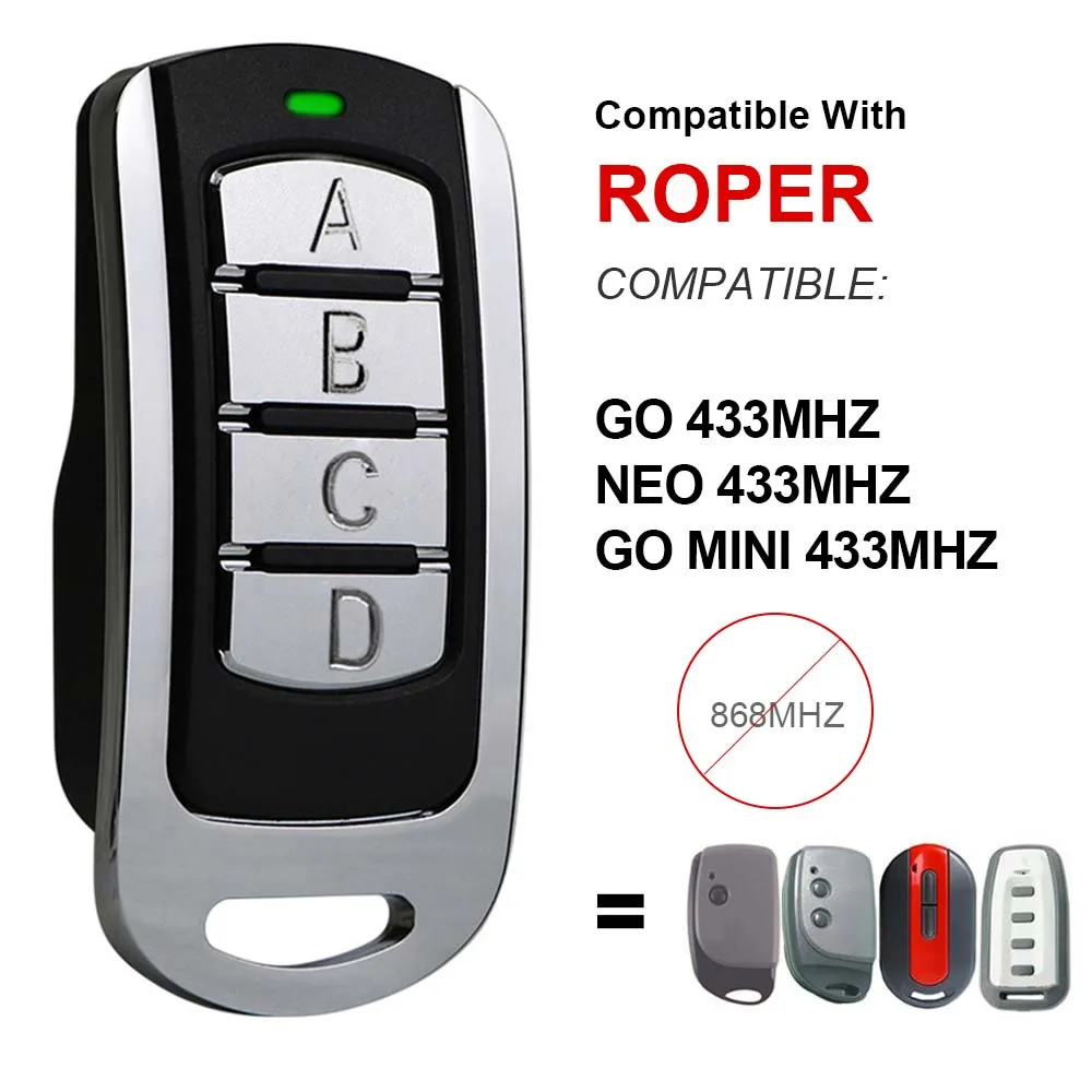 433MHz ROPER NEO10 NEO20 NER2DCS NER1DCS GO MINI Garage Door Remote Control 433.92 Rolling Code Gate Command Transmitter