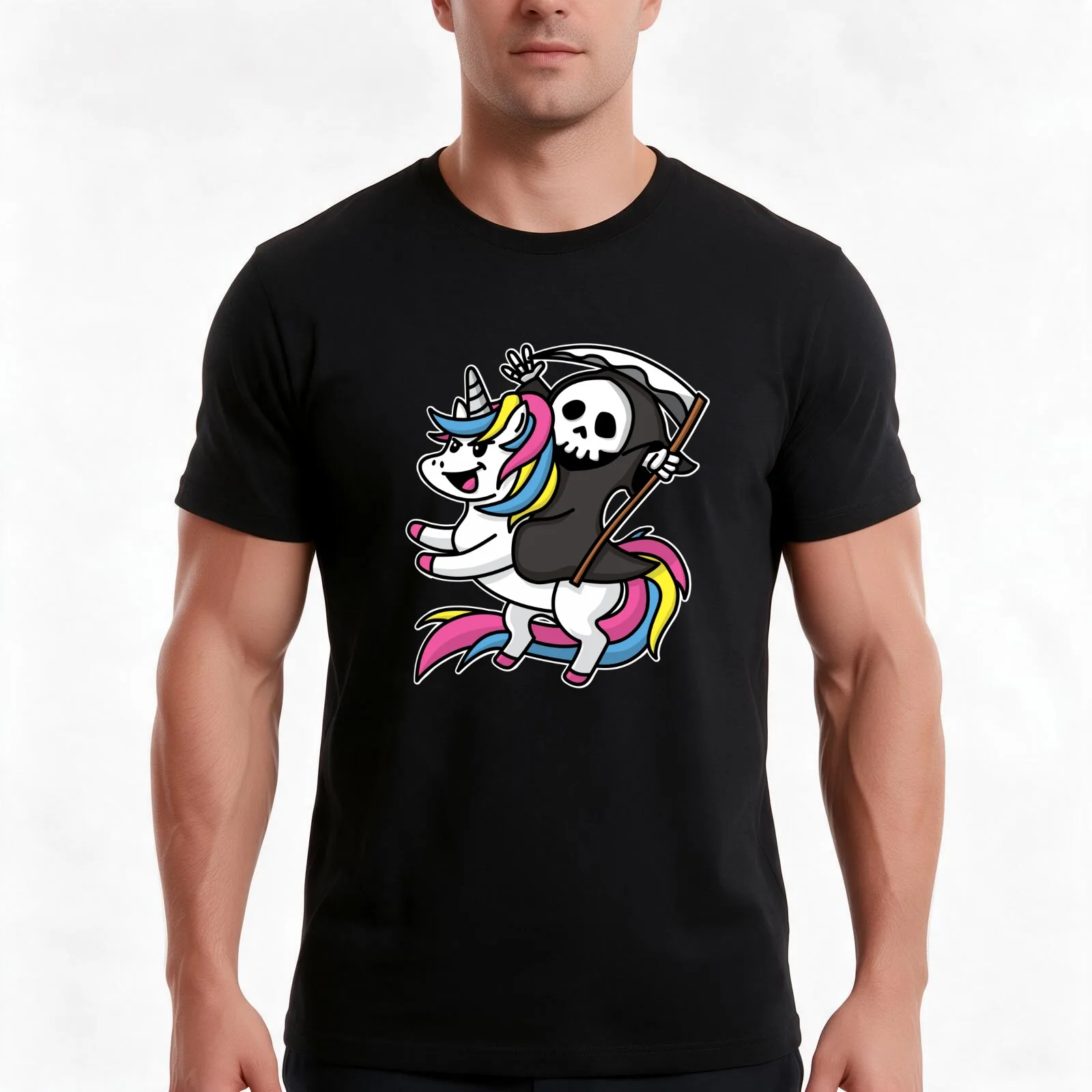 Death Riding Unicorn Kawaii T-Shirt, Summer Casual Cotton Tee, Oversized Streetwear Tops, Vintage Graphic Print, 100% Cotton