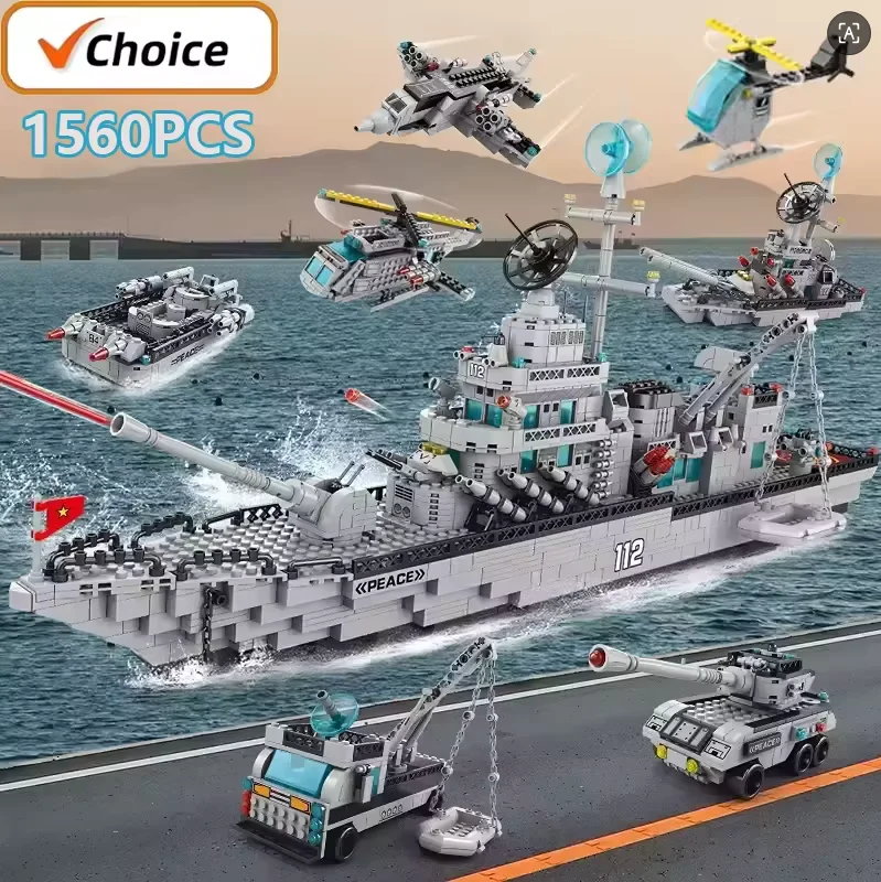 

6 in 1 Navy Warship Building Blocks, 1560PCS Military Army Ship Model Set, Educational Construction Toy Gift for Boys Kids