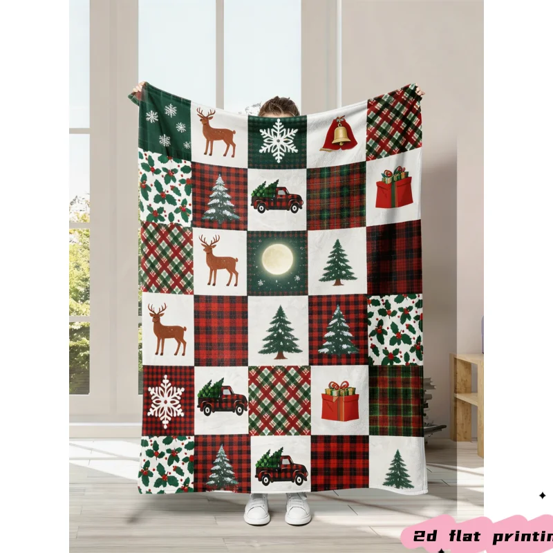 Christmas Patchwork Throw Blanket  Plaid Reindeer Snowflake Xmas Tree Vintage Truck Holiday Art Graphic Blanket