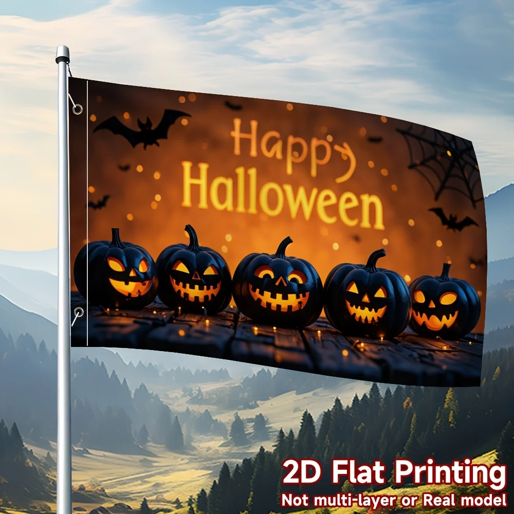 2D Flat 1pc Happy Halloween Flag with 2grommets, Evil Pumpkin and Bat Theme, Polyester Fabric, Indoor Outdoor Yard Garden Decor
