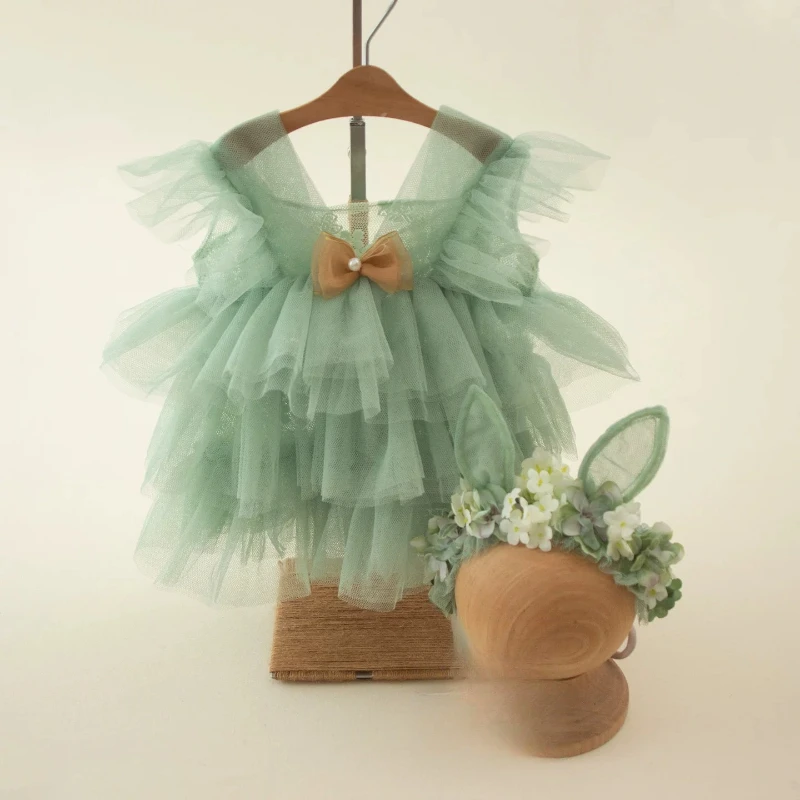 Baby Girl Dress Newborn Photography Props Lace Romper Bodysuits Outfits and Knitted Balloon Photography Blanket