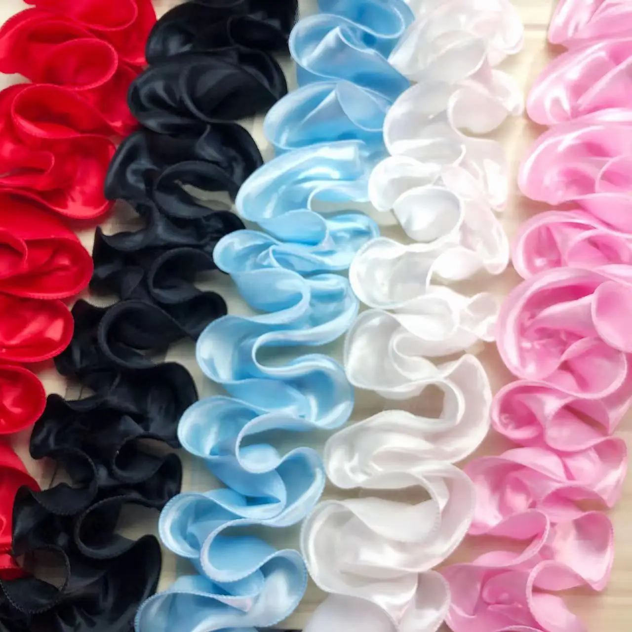 90cm White Red Blue Shiny Satin Pleated 3D Lace Fabric Fringe Ribbon Frills Ruffles Trim Dolls Cloth Headwear Sewing Decor