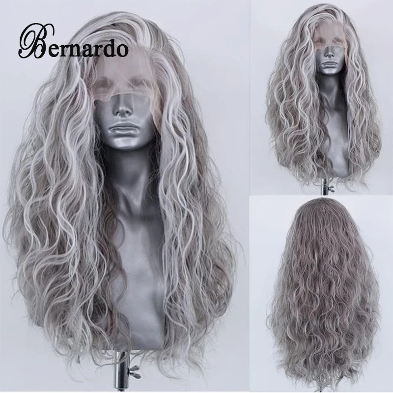 Bernardo Synthetic Lace Front Wig Long Water Wave Style Grey Wigs Blonde Highlight Pre-Plucked Frontal Wigs for Black Women