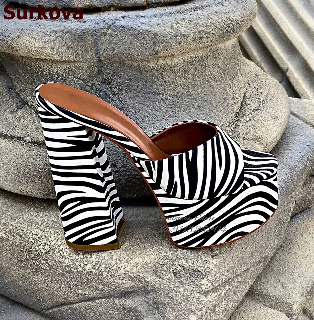 Surkova Sexy Zebra Striped Chunky Heel Slippers Open Toe High Platform Sandals Size46 Summer Dress Shoes Dropship