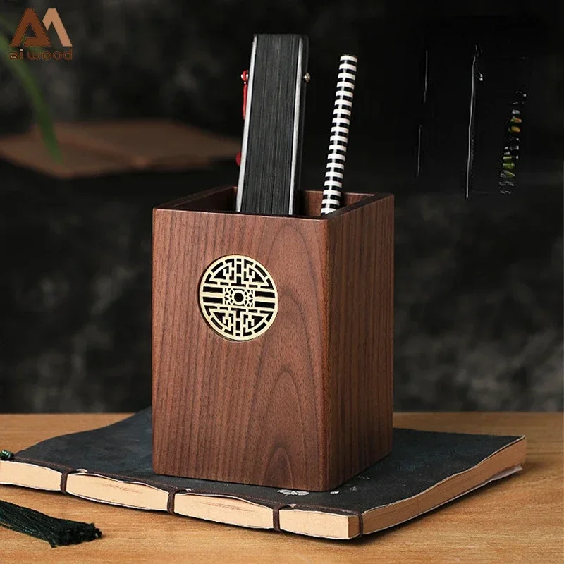 Black Walnut Solid Wood Pen Holder Simple Office Supplies Pencil Storage Box Japanese Wooden Desk Accessories