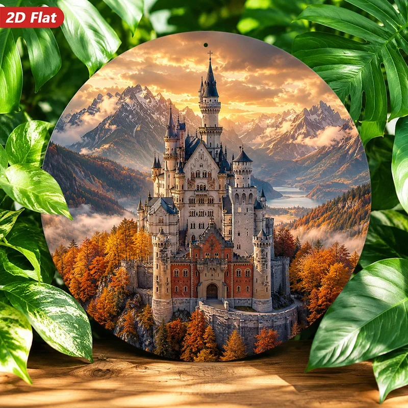 2D Flat, 1pc Round Metal Sign Wall Art, Neuschwanstein Castle Home Decor, Enchanting Castle Image, Alpine Landscape, Autumn Foli