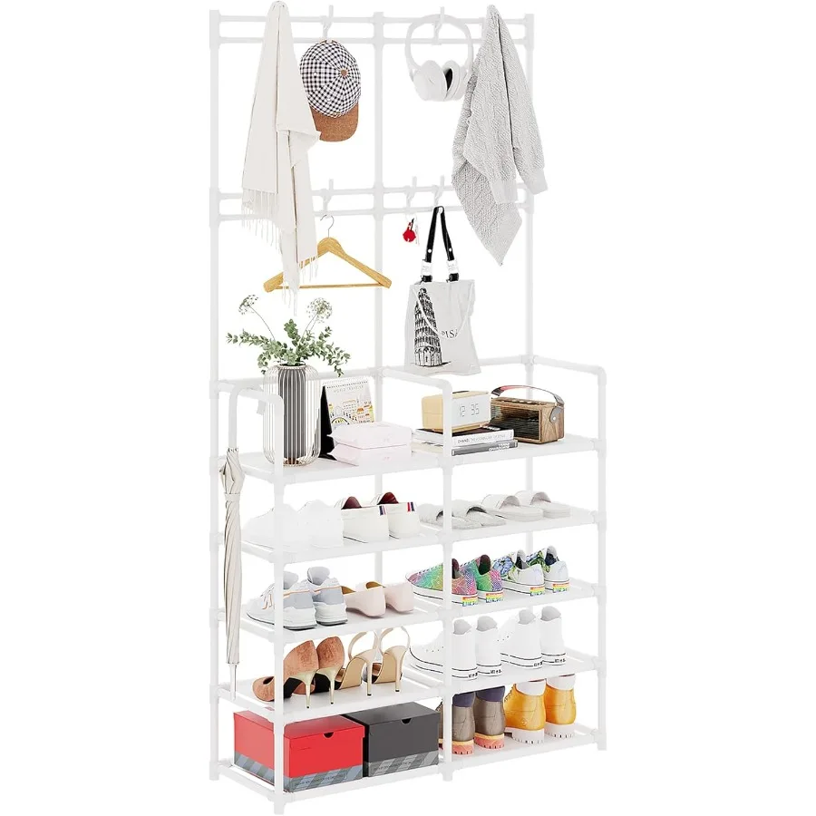 

5Tier Coat and Shoe Rack Entryway Coat Rack with 9 Hooks Double Row Shoes Organizer for Living Room Bedroom Office White