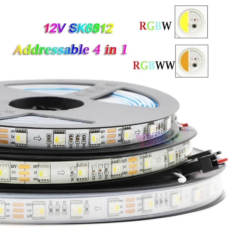 

12V DC 5m addressable RGBW RGBWW 4 in 1 LED Strip 60leds/m SMD 5050 RGB White light pixle IC SK6812 Lamp Tape Smart Lights bar