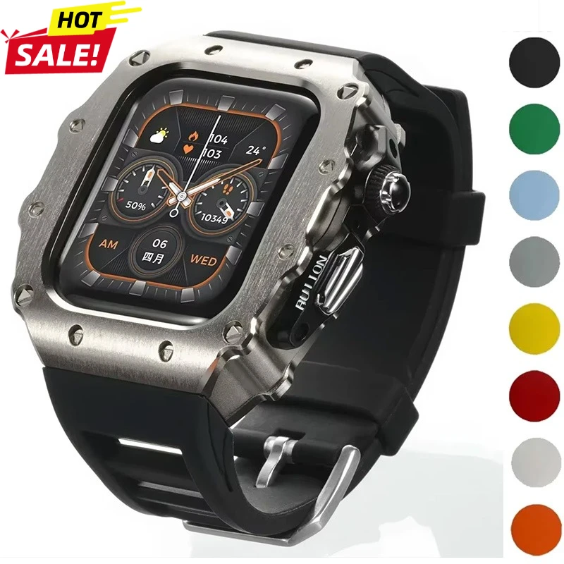 Luxury Modification Kit For Apple Watch 11 10 46MM Stainless Steel Case for IWatch Series 9 8 7 6 5 44 45mm Silicone pin Buckle