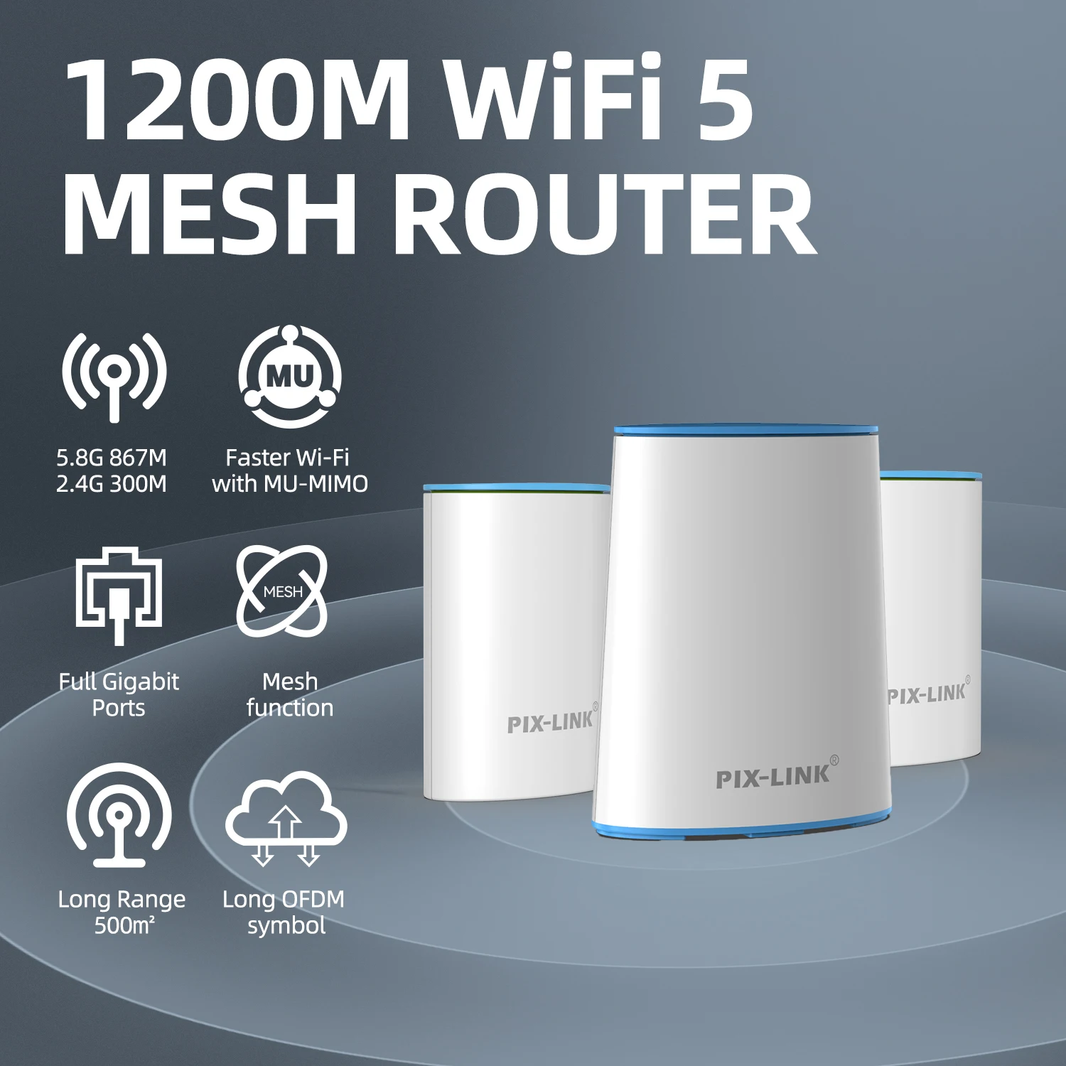 PIX-LINK 1200M Dual-Band Mesh WiFi Router Smart Wireless Internet System for Whole Home Coverage Easy Setup LV-WMS05+06