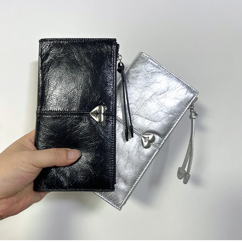 

Women's Soft Leather Long Wallet with Heart Metal Buckle, Korean Style Ultra-Slim Zipper Clutch, Fashion Card & Cash Organizer