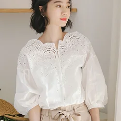 Elegant Ruffled Neck Lace Hollow Out Button Oversized Lantern Sleeve Chic Shirt Summer Loose Commute Tops Sweet Women's Blouse