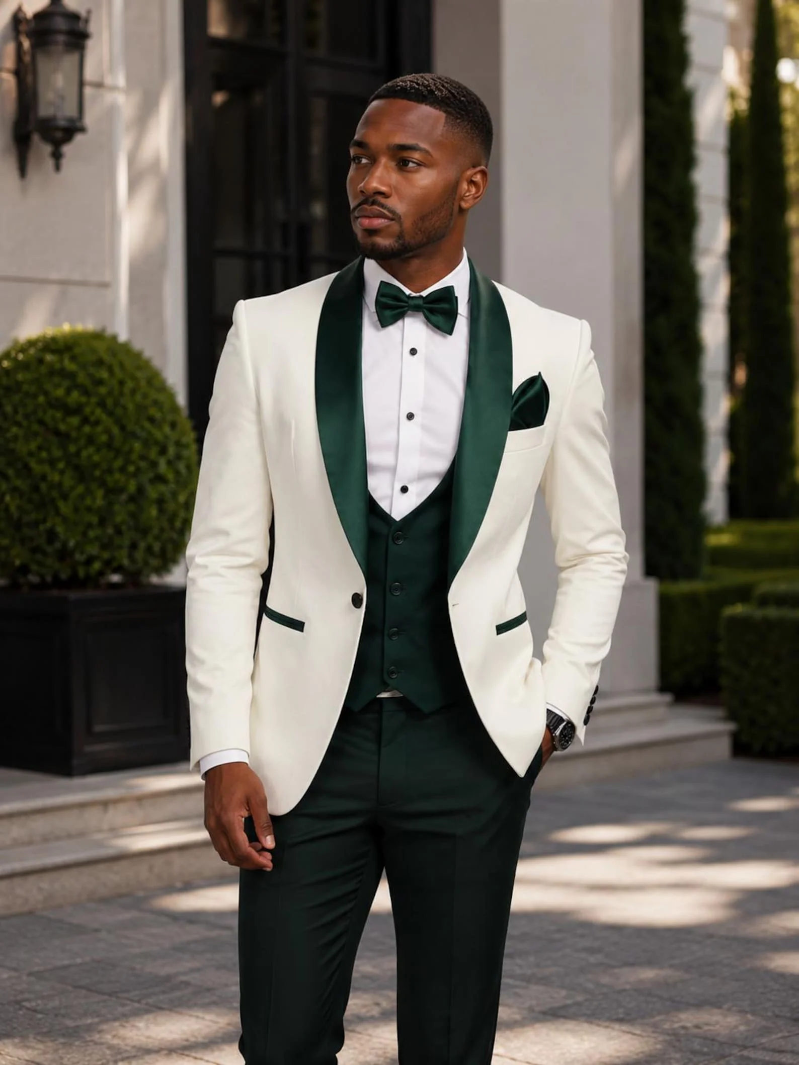 Father Son Matching Tuxedo Set Ivory & Emerald Green Formal Suit for Wedding Bridegroom Birthday Party Dress for Men